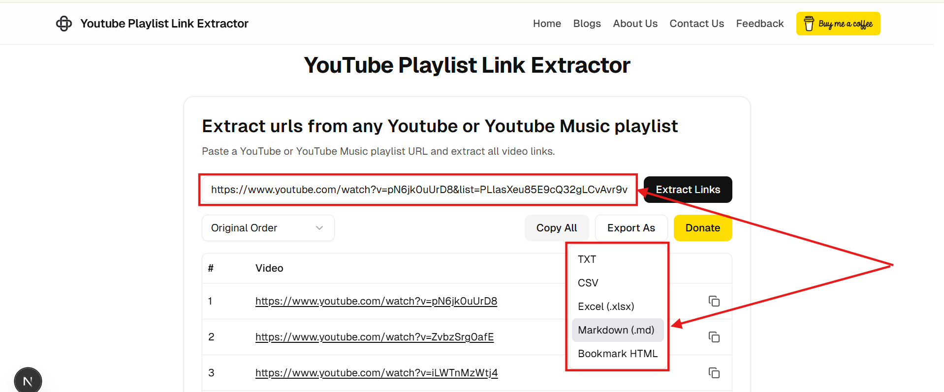 Showcasing the YouTube playlist link extraction process and selecting the Markdown export option from the dropdown menu