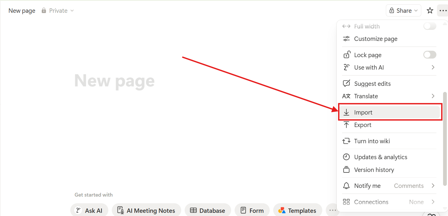 Highlighting the Import option in the Notion page menu to upload a markdown file