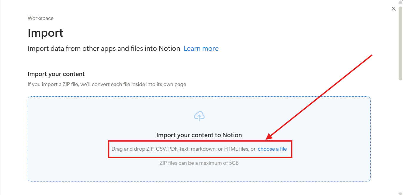 Highlighting the choose a file link in the Notion Import window
