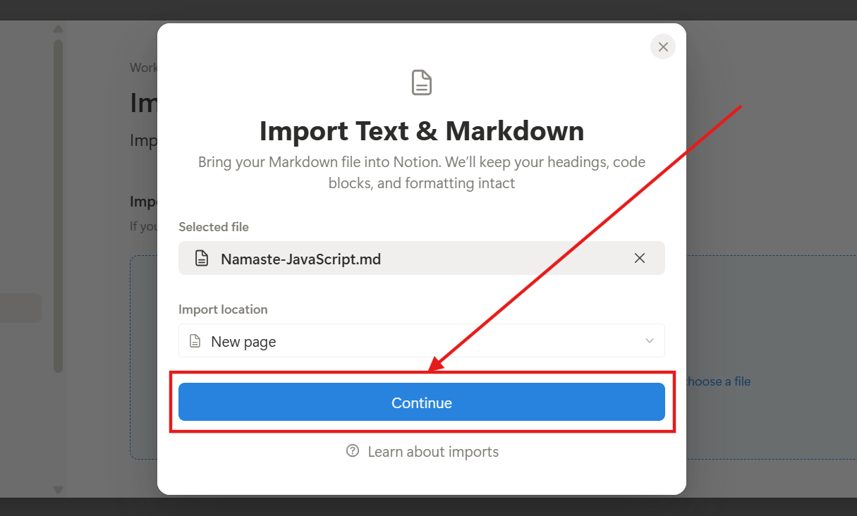Clicking the Continue button to confirm the Markdown file import in Notion