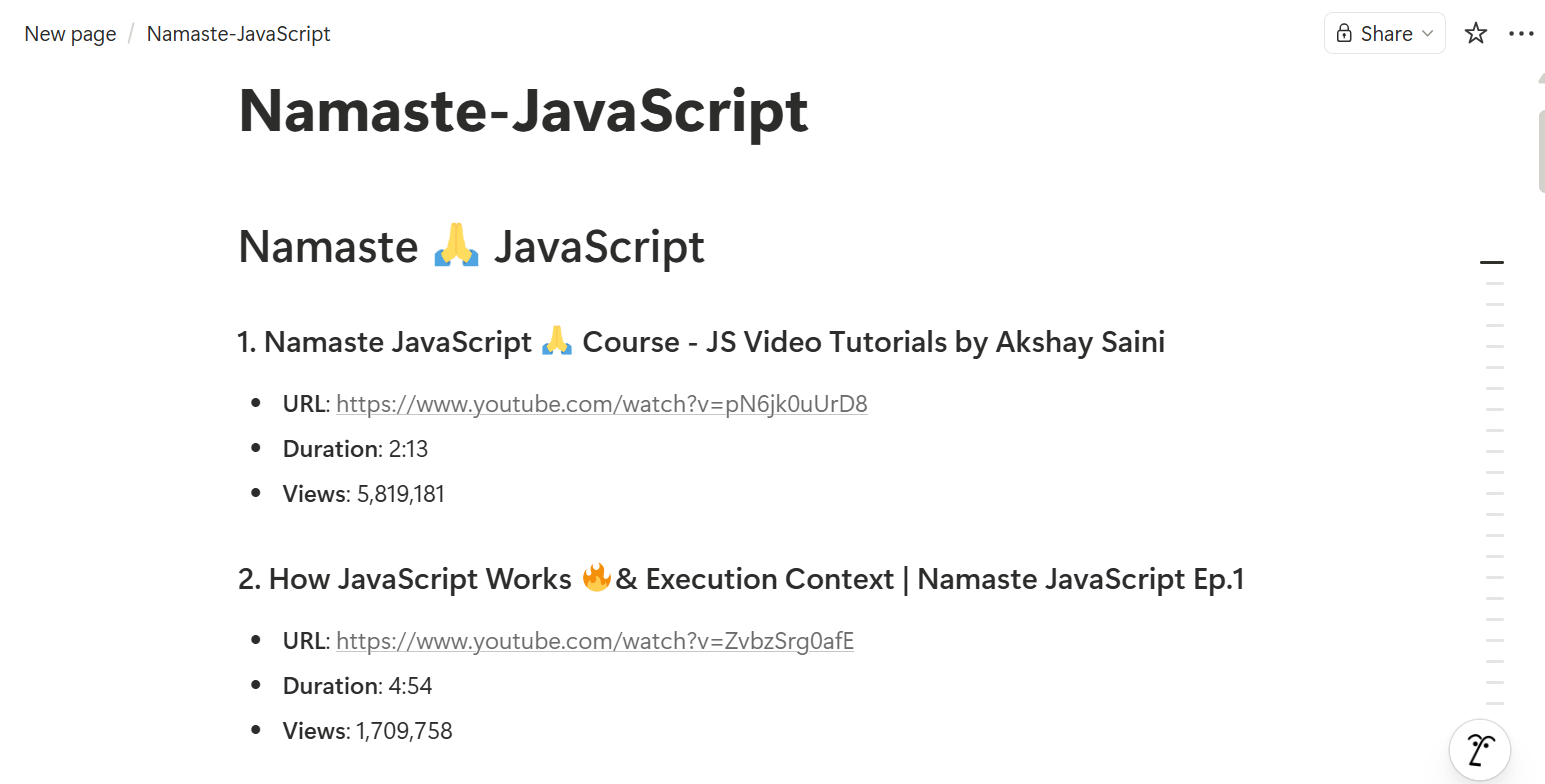 The final beautifully structured Notion page showing the YouTube playlist details in organized markdown