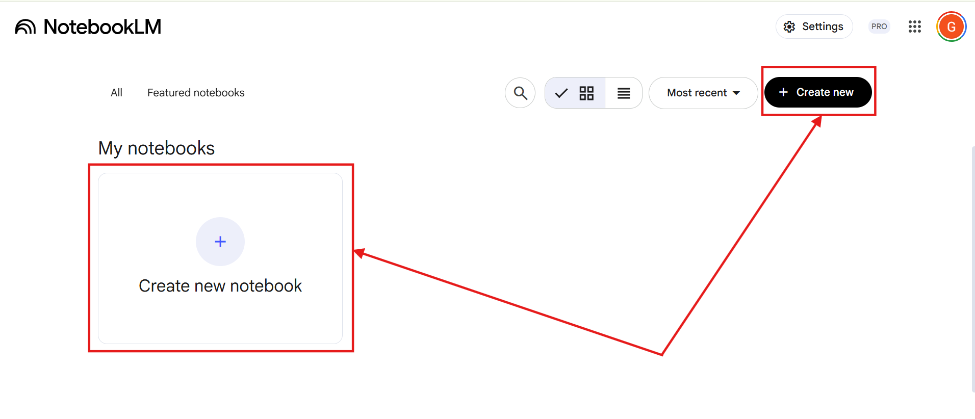 Google NotebookLM dashboard highlighting the Create new notebook and Create new button options