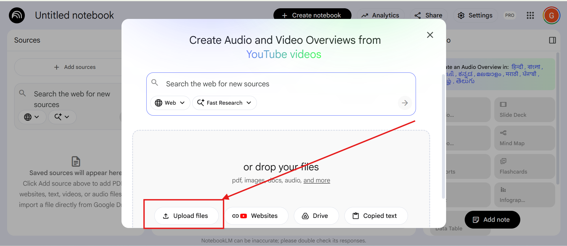 NotebookLM source upload window with the Upload files button highlighted for adding documents
