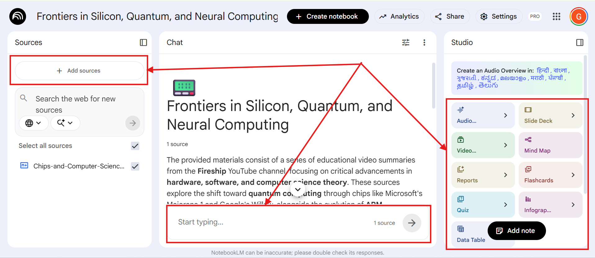 NotebookLM interface showing the uploaded YouTube playlist source with the chat box and Studio overview features including mindmaps, flashcards, and quizzes