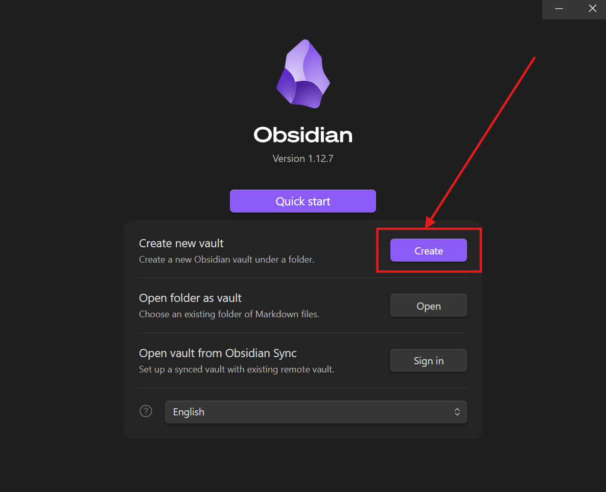 Obsidian welcome screen with the Create button highlighted under the Create new vault section