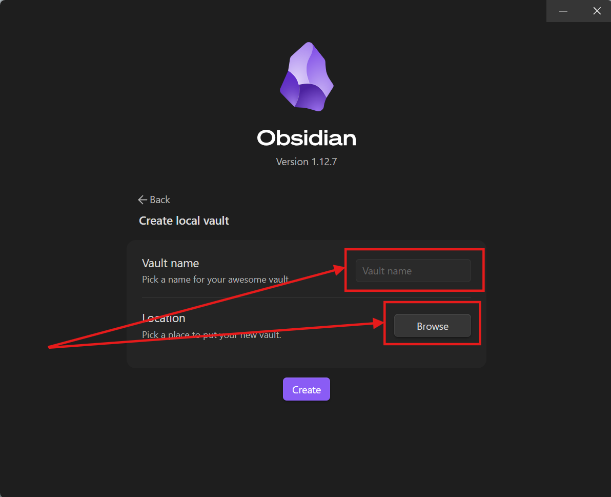 Create local vault window showing Vault name input and Browse button for choosing a local folder