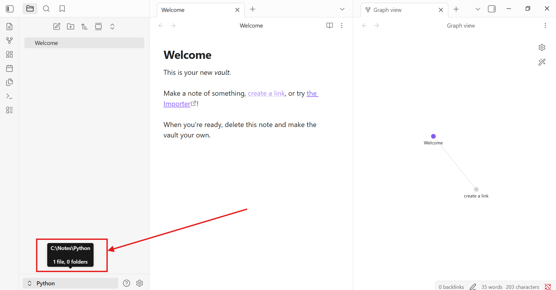Obsidian main interface showing the vault path tooltip in the bottom left corner