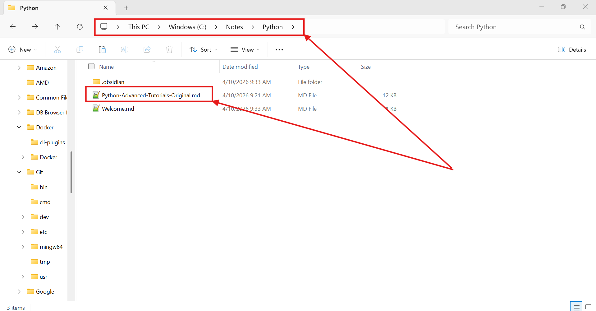 Windows File Explorer showing the vault folder with the exported YouTube playlist Markdown file copied into it