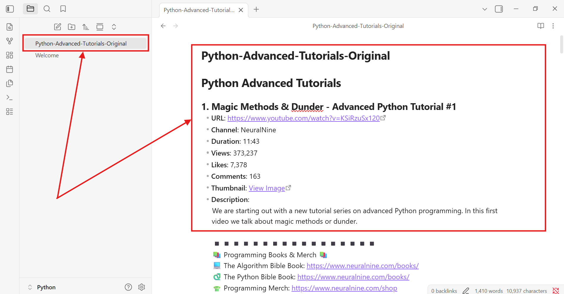 Obsidian workspace showing the successfully imported and rendered YouTube playlist Markdown file